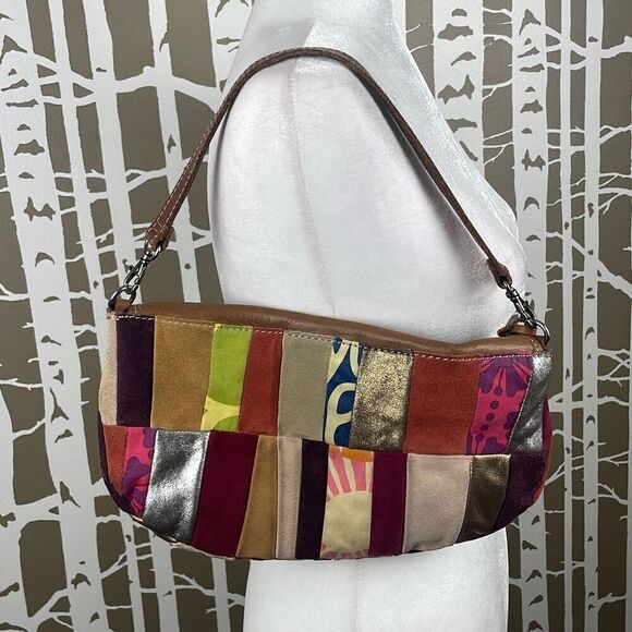 Fossil Patchwork Leather Suede Fabric Hobo Shoulder Bag Clutch - Picture 6 of 11